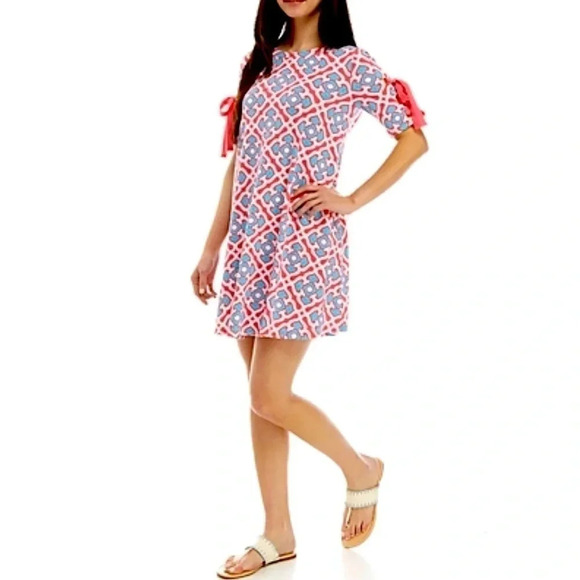 Crown & Ivy L pink blue‎ white punchy print swing dress with tied bell sleeves - Picture 2 of 7